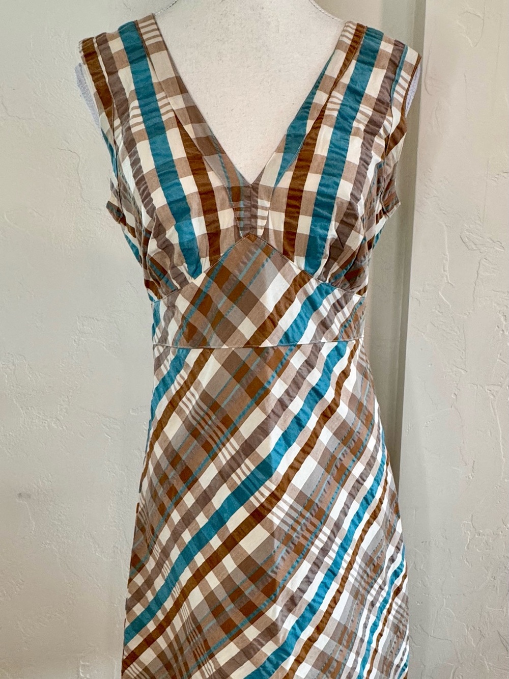 Patagonia Water Girl Plaid A-Line Dress Small Teal Brown Organic Cotton